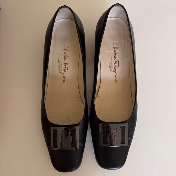 Salvatore Ferragamo Black Leather Nero Nappa Kid Pump Block Heels Italy 8.5 - Picture 3 of 12